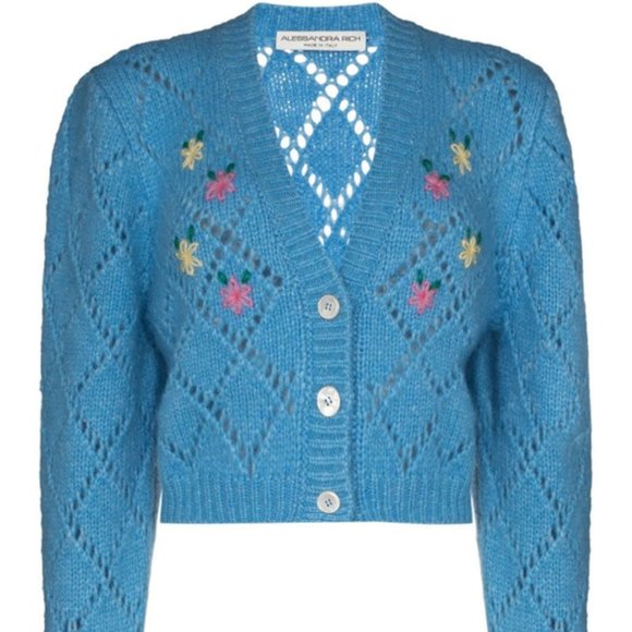 ALESSANDRA RICH Blue Embroidered Pointelle Cropped Cardigan IT 38 - Picture 2 of 8